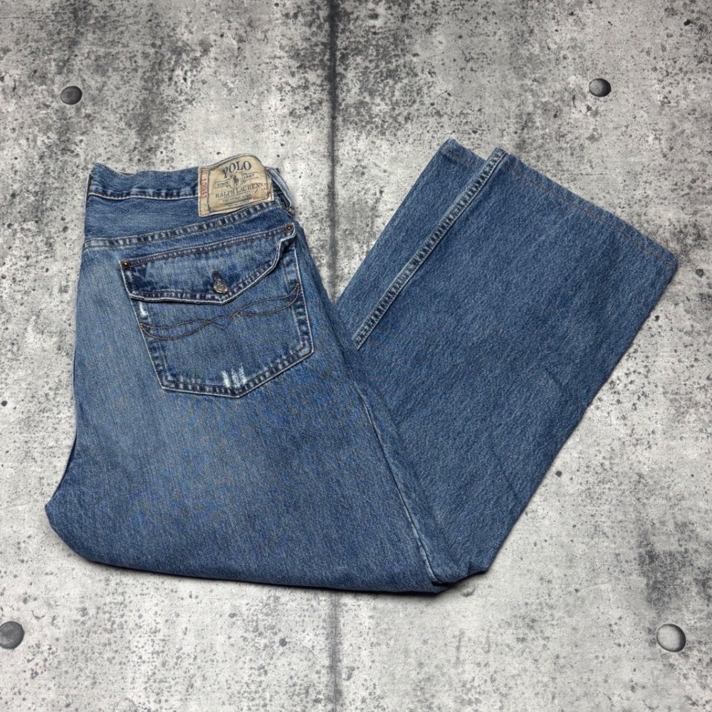 00s Polo Ralph Lauren Mens Blue Straight Leg Utility Flap Pocket Jeans 36 x 30